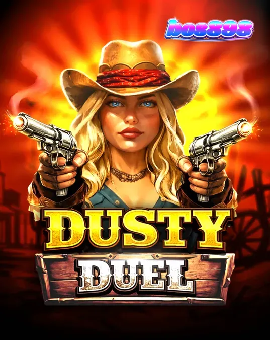 Tampilan visual slot Dusty Duel dengan tema Wild West dan revolver